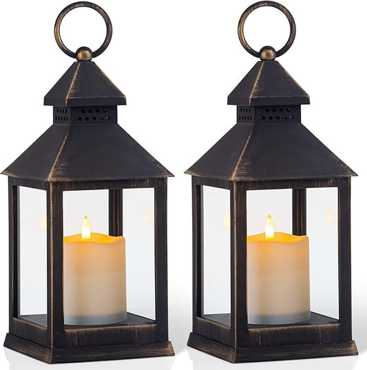 Vintage Golden Brushed Black Lantern Decorative LED Flickering Flameless Candle with Timer, Battery Powered LED Decorative Hanging Lanterns for Indoor Outdoor Garden Yard Home Decor(2 Pack)-VerdiqueGarden