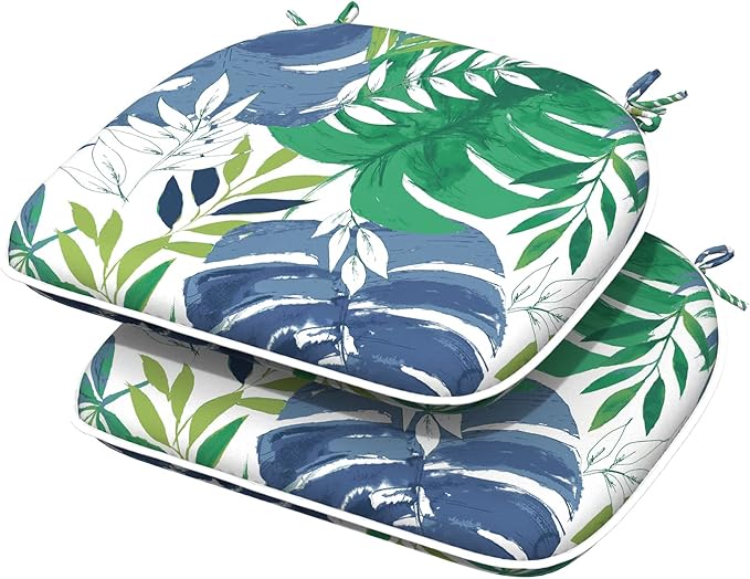 Indoor/Outdoor Chair Cushions 16x17 Inch, Patio Chair Cushions with Ties, All Weather Seat Cushions for Patio Furniture Home Garden Chair Use, Set of 2, Islamorada Blue Green-VerdiqueGarden