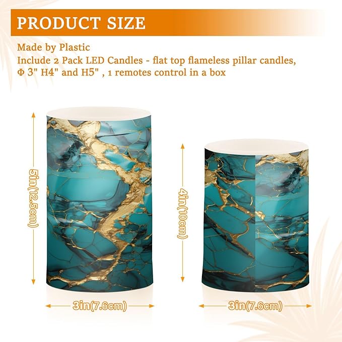 Flickering Flameless Candles, Turquoise Golden Marble LED Candles with Remote Timer, Set of 2 Battery Operated Candle for Valentine Wedding Birthday-VerdiqueGarden