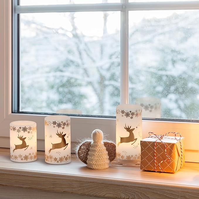 KunSween Christmas Flameless Candles with 6H Timer, 3 Pack LED Flickering Candles with Gold Deer Decals and Real Wax, Christmas Winter Decorations for Home Indoor Table Centerpieces-VerdiqueGarden