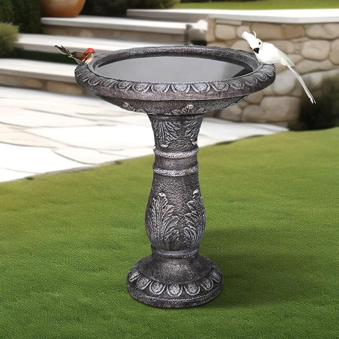 SKYFIRE 24.4" H Cement Bird Bath for Garden- Fibre Reinforced Concrete Bird Baths for Outdoors, Large Size Vintage Carved Pedestal Birdbath for Patio, Yard, Lawn -20”Dia. X 24.4”H Bird Fountain-VerdiqueGarden