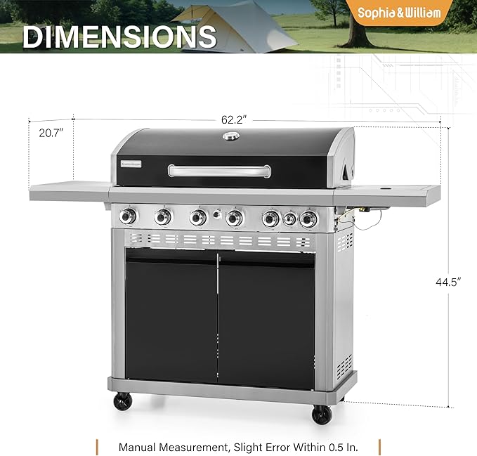 Sophia & William 6-Burner Propane Gas BBQ Grill with Side Burner & Porcelain-Enameled Cast Iron Grates, Gas Grill Griddle Combo for Outdoor Cooking, Barbecue Events, 740 SQ.IN. Cooking Area, Black-VerdiqueGarden