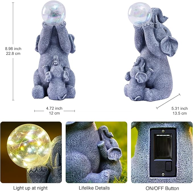 Goodeco Solar Elephant Statue - Outdoor Decor with LED Lights - Grey Resin - Ideal Gift for Elephant Lovers & Garden Enthusiasts-VerdiqueGarden