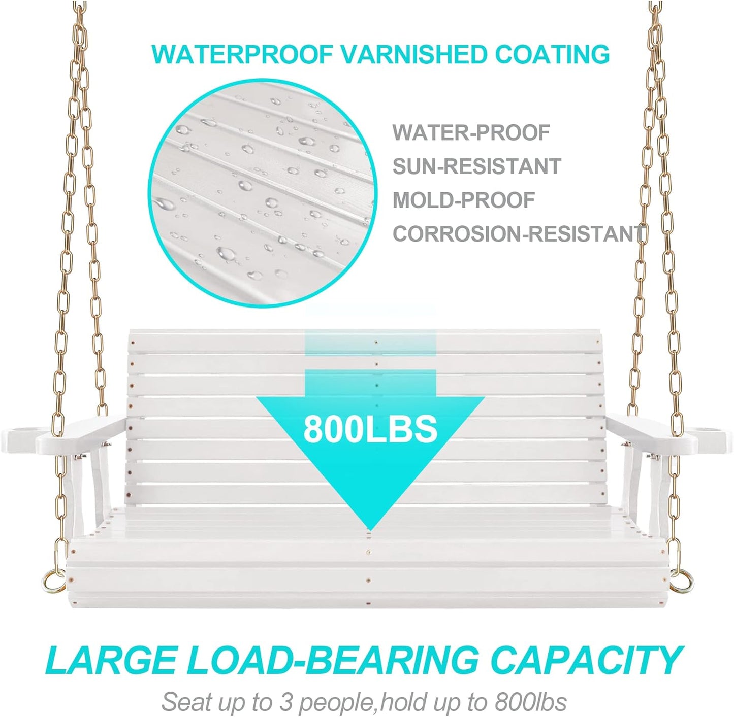 4FT Wooden Porch Swing w/Cupholders,Heavy Duty 800LBS Outdoor Swing Bench w/Chains,Patio Roll Back Swing Chair Bench,Front Porch 2-Person Hanging Bench,for Garden Courtyard Lawn & Balcony-VerdiqueGarden