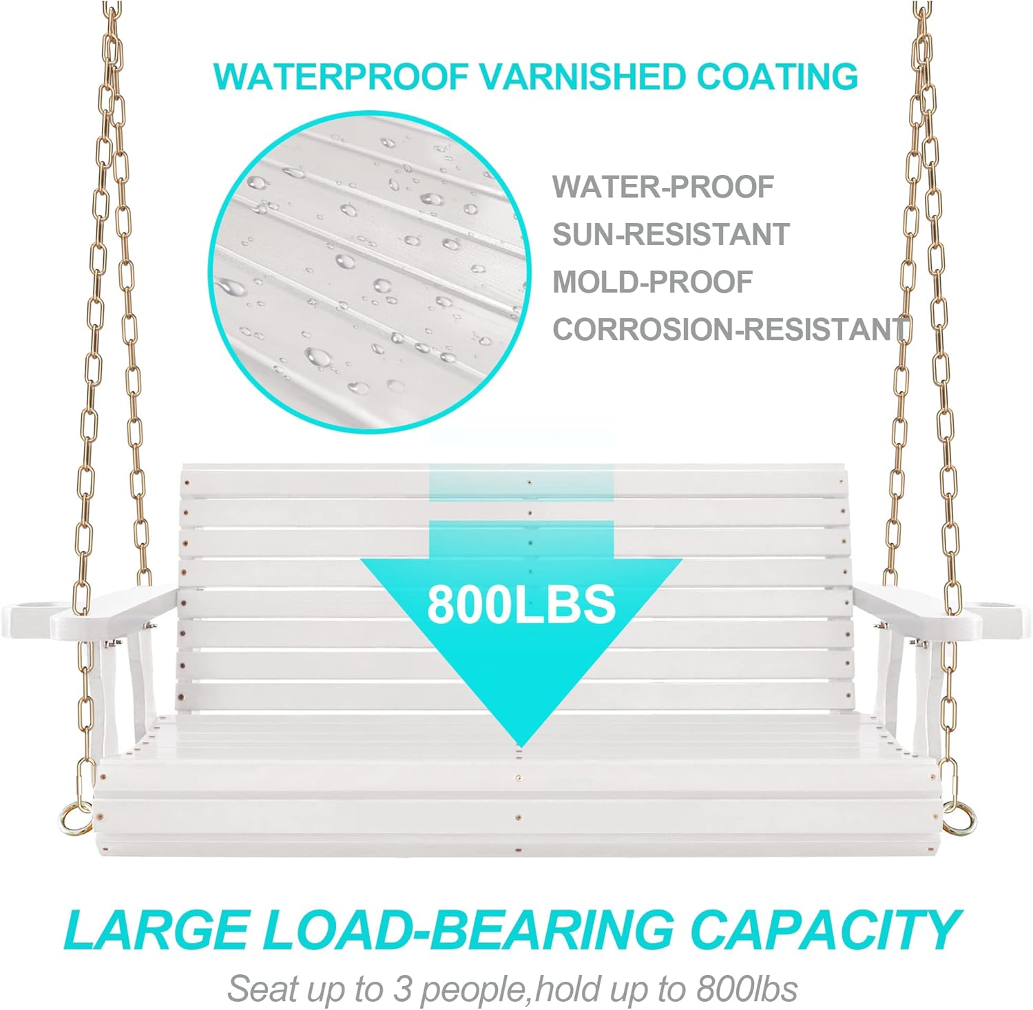 4FT Wooden Porch Swing w/Cupholders,Heavy Duty 800LBS Outdoor Swing Bench w/Chains,Patio Roll Back Swing Chair Bench,Front Porch 2-Person Hanging Bench,for Garden Courtyard Lawn & Balcony-VerdiqueGarden