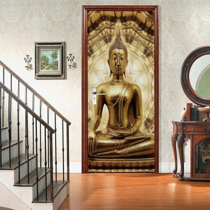 3D Buddha Statue Door Stickers - Peel and Stick Murals, Self-Adhesive Wallpaper Decals, Removable PVC Waterproof Poster for Bedroom Living Room 30.3" x 78.7"-VerdiqueGarden