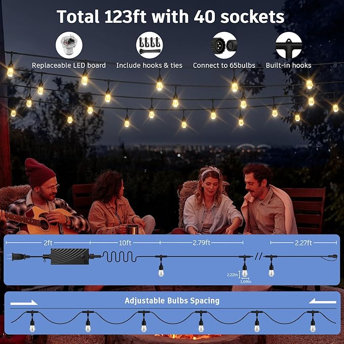 XMCOSY+ Smart Outdoor String Lights - 123ft RGBCWIC Patio Lights with 40 Color Changing Bulbs, LED String Light for Outside Backyard Bistro Party, APP WiFi Control, Work with Alexa, IP65 Waterproof-VerdiqueGarden