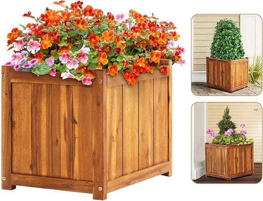 Idzo Hardwood Outdoor Flower Box, Durable Acacia Wood Flower Boxes for Outdoor Plants with Ergonomic Handles, Drainage Holes, Multiple Sizes Wood Bucket Planter for Home Decor, 1pcs-VerdiqueGarden