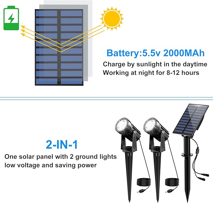 Solar Spot Lights Outdoor, 2-in-1 Solar Landscape Spotlights IP65 Waterproof 9.8ft Cable,Auto On/Off Outdoor Wall Lights for Garden Yard Driveway Porch Walkway Pool(6000K White)-VerdiqueGarden