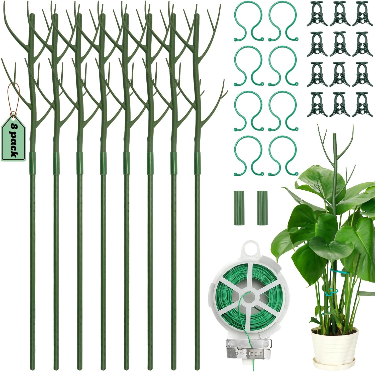 8 Pack Monstera Plant Support Stakes, 27.5inch Detachable Twig Plant Support Stakes with 12 Orchid Clips, 8 Twist Clips 65ft Twist Ties - Ideal Plant Stakes for Indoor Outdoor Plants-VerdiqueGarden