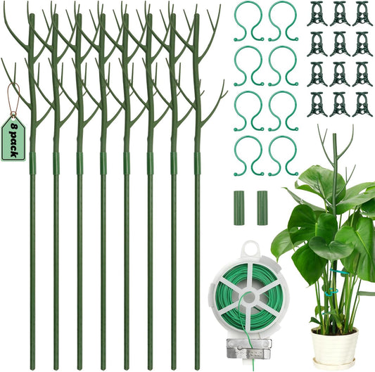 8 Pack Monstera Plant Support Stakes, 27.5inch Detachable Twig Plant Support Stakes with 12 Orchid Clips, 8 Twist Clips 65ft Twist Ties - Ideal Plant Stakes for Indoor Outdoor Plants-VerdiqueGarden