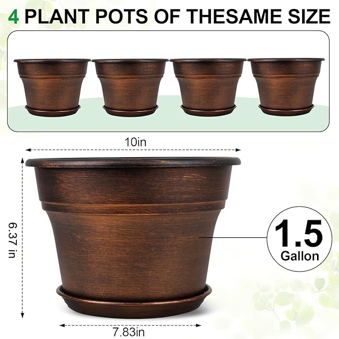 10 Inch Planters Plant Pots Indoor Outdoor, 4 Pack Plastic Flower Pot for Indoor Plants with Drainage Holes & Trays, Resin Decorative Container Sets with Saucer for House Garden Copper-VerdiqueGarden