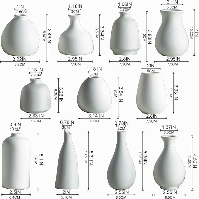 JOJUNO White Bud Vases, Small Ceramic Vase Set of 11, Mini Pottery Vases for Flowers, Decorative Pieces for Home Modern Decor, Boho Decor, Chic Accents for Living Room Dining Table Shelves-VerdiqueGarden