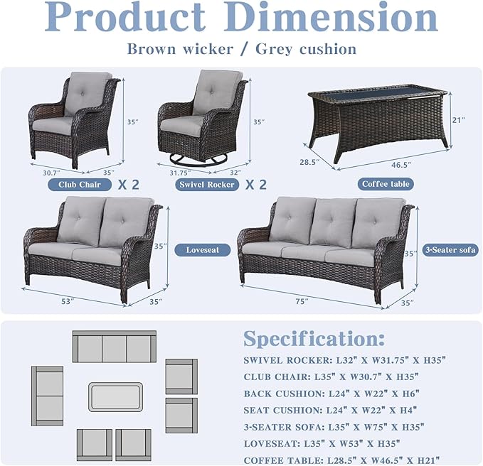 Outdoor Wicker Furniture Patio Set - 7 Piece Backyard Furniture Brown Rattan Conversation Sets with Swivel Rocker Chairs, Rattan Sofa, Club Chairs and Coffee Table, Grey Cushion-VerdiqueGarden