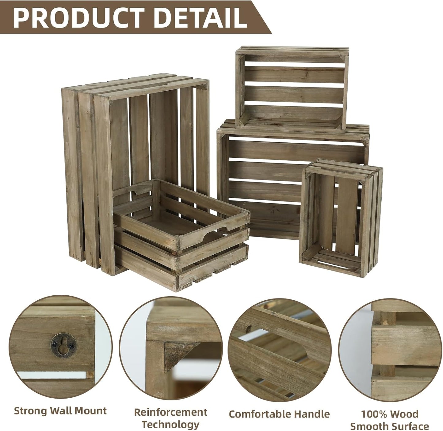 Large Wood Crates, Set of 5 Decorative Storage Box with Handles, Vintage Gray Farmhouse Wooden Crates for Decor, Wedding Birthday Home Party Living Room Kitchen Decoration-VerdiqueGarden