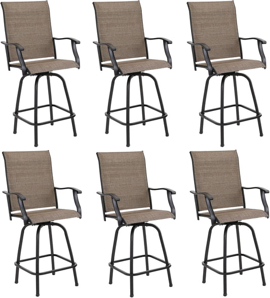 PHI VILLA Outoor Swivel Bar Stools Set of 6 with Armrest and Backrest, 30" Seat Height High Top Bar Height Patio Chairs, Brown Textilene Fabric-VerdiqueGarden