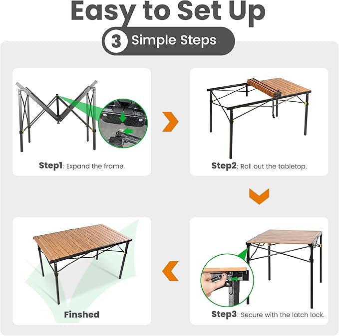 Large 46.4" Camping Table for 2-6 People - 220lbs Capacity Heavy Duty Foldable Outdoor Table with Aluminum Roll-Up Top & Carry Bag, Portable Picnic Desk for BBQ, Tailgating, Backyard (Natural)-VerdiqueGarden