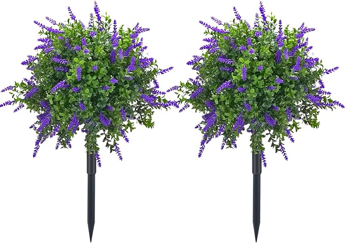 23.6" Artificial Lavender Topiary Ball Trees with Ground Spike, 2 Pack Faux Potted Plants with UV Resistant Purple Flowers for Indoor Outdoor Home Garden Patio Porch Decoration-VerdiqueGarden