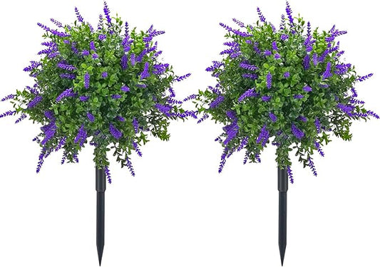 23.6" Artificial Lavender Topiary Ball Trees with Ground Spike, 2 Pack Faux Potted Plants with UV Resistant Purple Flowers for Indoor Outdoor Home Garden Patio Porch Decoration-VerdiqueGarden