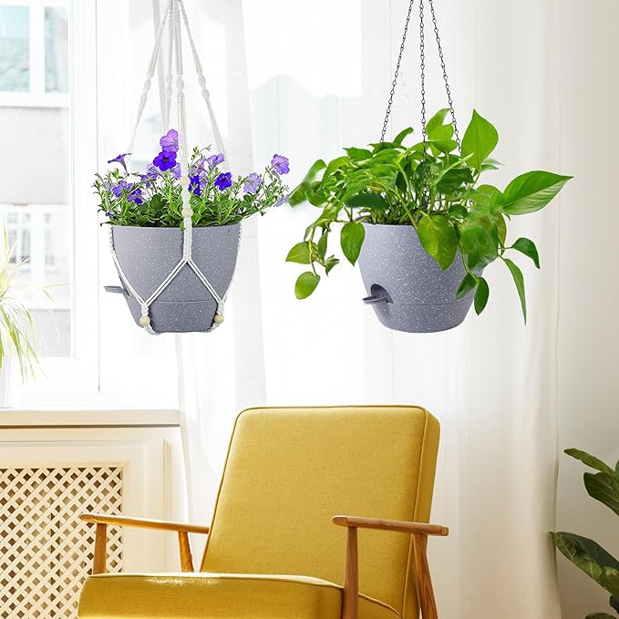 Self Watering Hanging Planters 10 inch, 2 Pack Hanging Flower Pots for Indoor Outdoor Plants, Hanging Baskets with Drainage Holes & 2 Kinds of Plant Hangers for Garden Decor, Speckled Grey-VerdiqueGarden