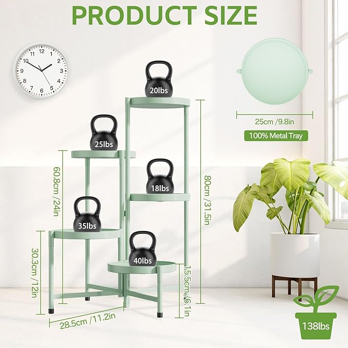 iDavosic.ly 5 Tier Large Plant Stand Indoor, 10 Inch Wide Corner Tall Metal Plant Stands Outdoor for Multiple Plants, Folding Tiered Flower Display Holder Rack Shelf, Light Green-VerdiqueGarden