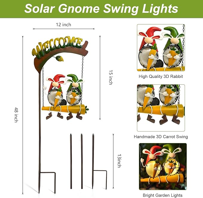 HONGLAND Solar Lights Outdoor Decor, Rabbit Swing Garden Decor, Funny Gardening Gifts for Women Mom, Gnomes Outdoor Decorations with Welcome Sign for Front Porch Patio-VerdiqueGarden