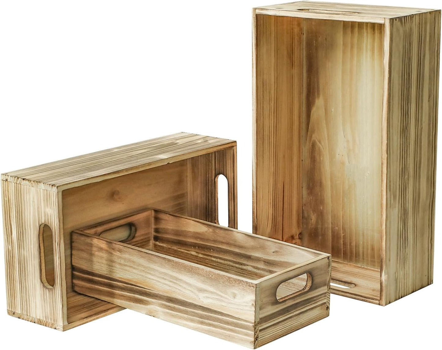 Wooden Boxes, Large Wooden Crates Set of 3 Vintage Torched Brown Wood Storage Crates for Display Home Party Office Bedroom Kitchen Closet-VerdiqueGarden