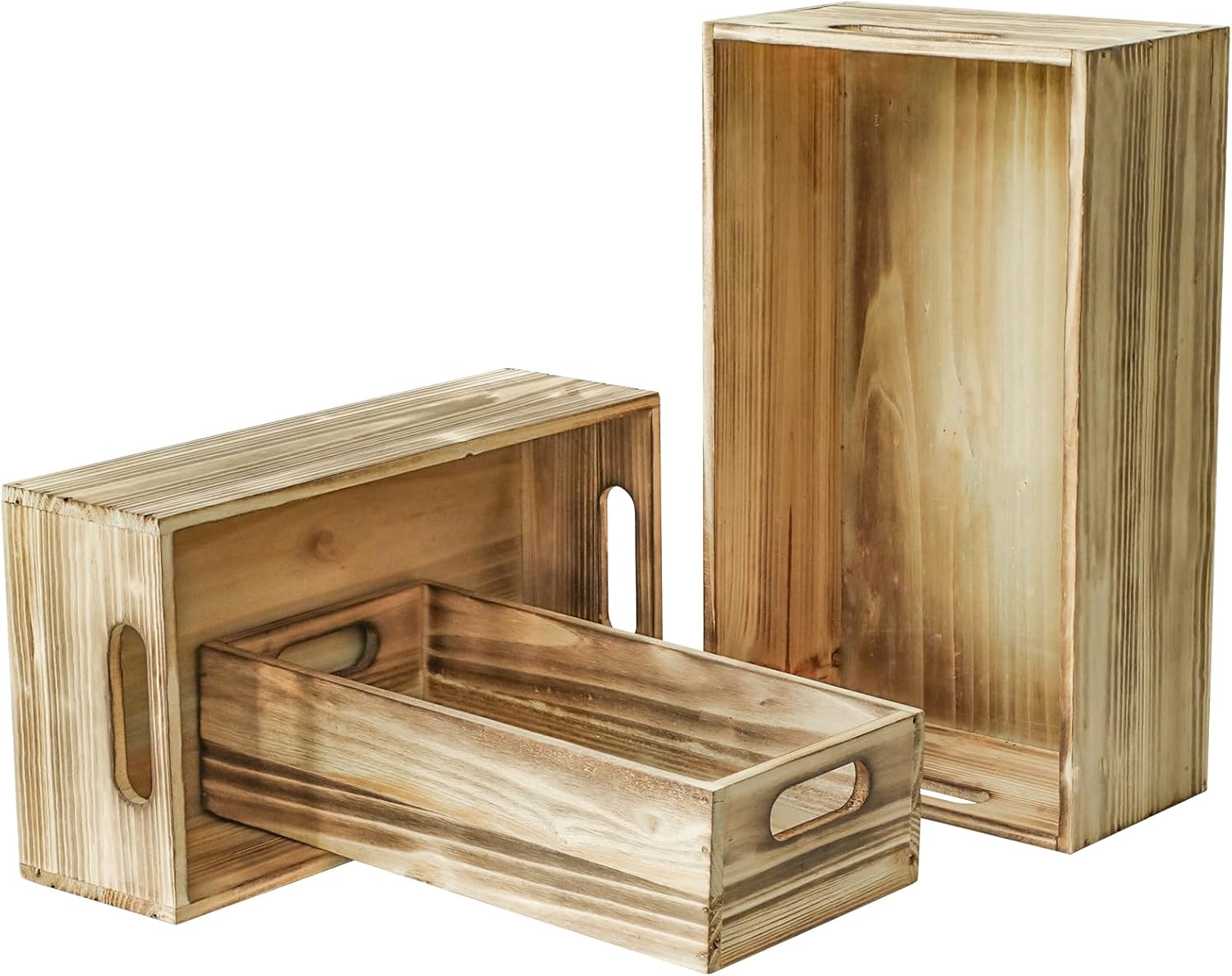 Wooden Boxes, Large Wooden Crates Set of 3 Vintage Torched Brown Wood Storage Crates for Display Home Party Office Bedroom Kitchen Closet-VerdiqueGarden
