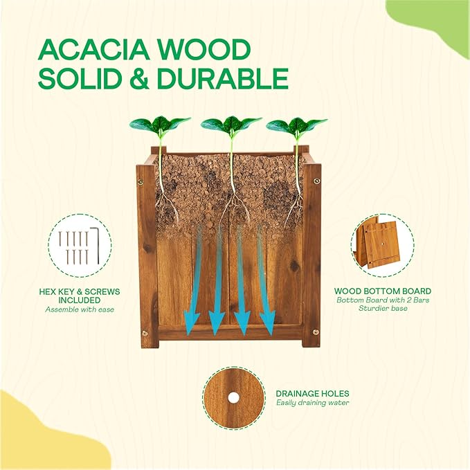 IDZO Acacia Wood Flower Planter Box for Outdoor Plants, 1pc Wooden Raised Garden Bed with Handles, Drainage Holes, Ideal for Garden and Home Décor, Light Cherry-VerdiqueGarden