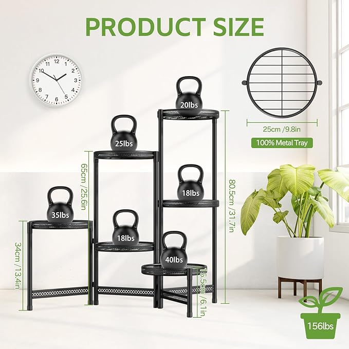 iDavosic.ly 6 Tier Large Plant Stand Indoor with 10-Inch Wide Drainage Tray, Tiered Corner Metal Outdoor Flower Display Holder Shelf, Folding Tall Rack for Patio Porch Balcony, Black Iron Carving-VerdiqueGarden