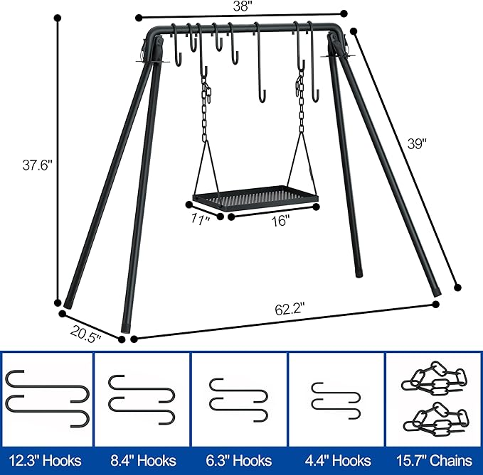 RELIANCER Grill Swing,Campfire Grill Cooking Stand w/8 Hooks & Storage Bag,Cast Iron BBQ Party Swing Grilling Cooking Rack,Outdoor Picnic Camping Cookware Hanging Rack,Collapsible Bonfire Barbecue Set-VerdiqueGarden