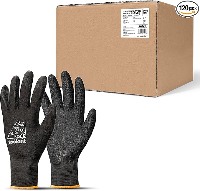 toolant Crinkle Latex Work Gloves Bulk, Rubber Coated Safety Work Gloves for Men and Women, 120 Pairs for Construction, Gardening, Warehouse (Black, Large)-VerdiqueGarden