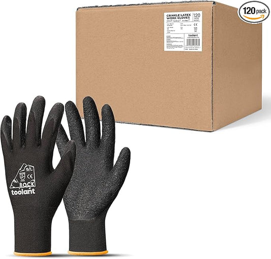 toolant Crinkle Latex Work Gloves Bulk, Rubber Coated Safety Work Gloves for Men and Women, 120 Pairs for Construction, Gardening, Warehouse (Black, Large)-VerdiqueGarden