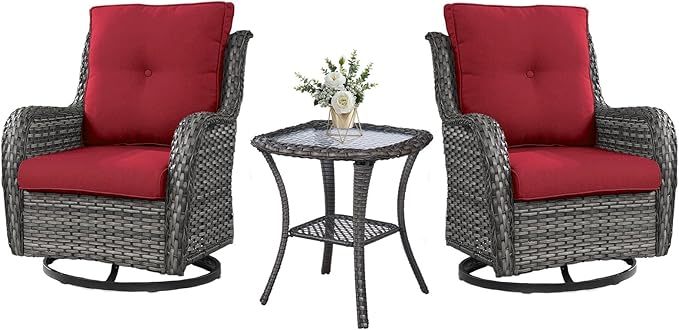 Outdoor Swivel Rocker Wicker Chairs Set of 3, High Back Swivel Patio Chairs Wicker Furniture Set, 2 PCS Rattan Swivel Rocking Chair with Side Table, Red Cushion-VerdiqueGarden
