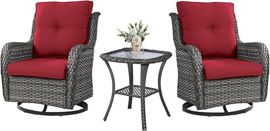 Outdoor Swivel Rocker Wicker Chairs Set of 3, High Back Swivel Patio Chairs Wicker Furniture Set, 2 PCS Rattan Swivel Rocking Chair with Side Table, Red Cushion-VerdiqueGarden