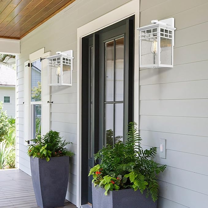 Outdoor Light Fixture Wall Mount, Rustic Exterior Lights Fixture Wall Sconces with Seeded Glass for Front Porch, Waterproof Outdoor Lantern in White Finish for Home, Garage, Barn, Storefront-VerdiqueGarden