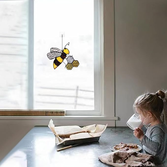 Bee On Honeycomb Stained Glass Window Hangings, Bee Suncatcher Garden Bee Decor Bee Gift for Mom Women-VerdiqueGarden