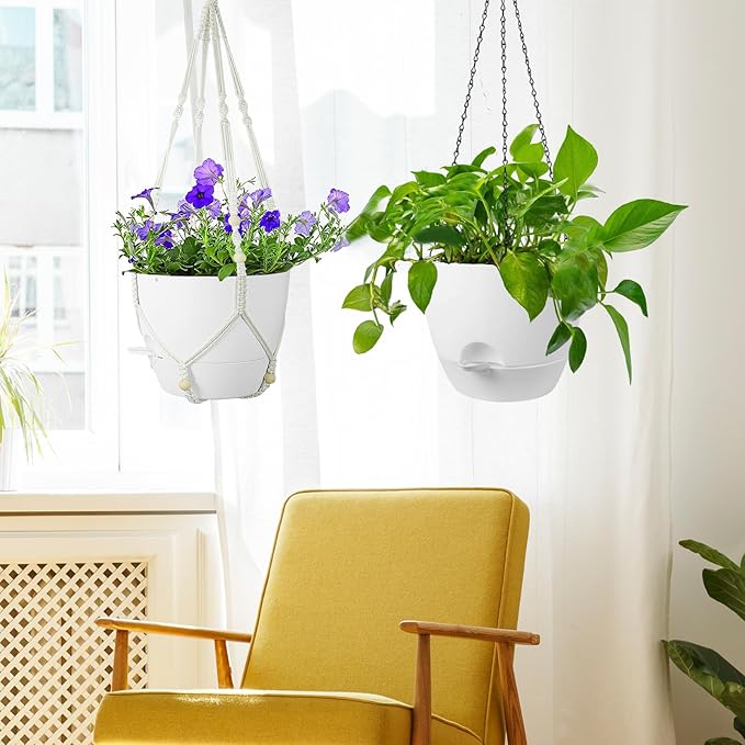 10 inch Self Watering Hanging Planters, 2 Pack Hanging Flower Pots for Indoor Outdoor Plants, Hanging Baskets with Drainage Holes & 2 Kinds of Plant Hangers for Garden Home Decor, White-VerdiqueGarden