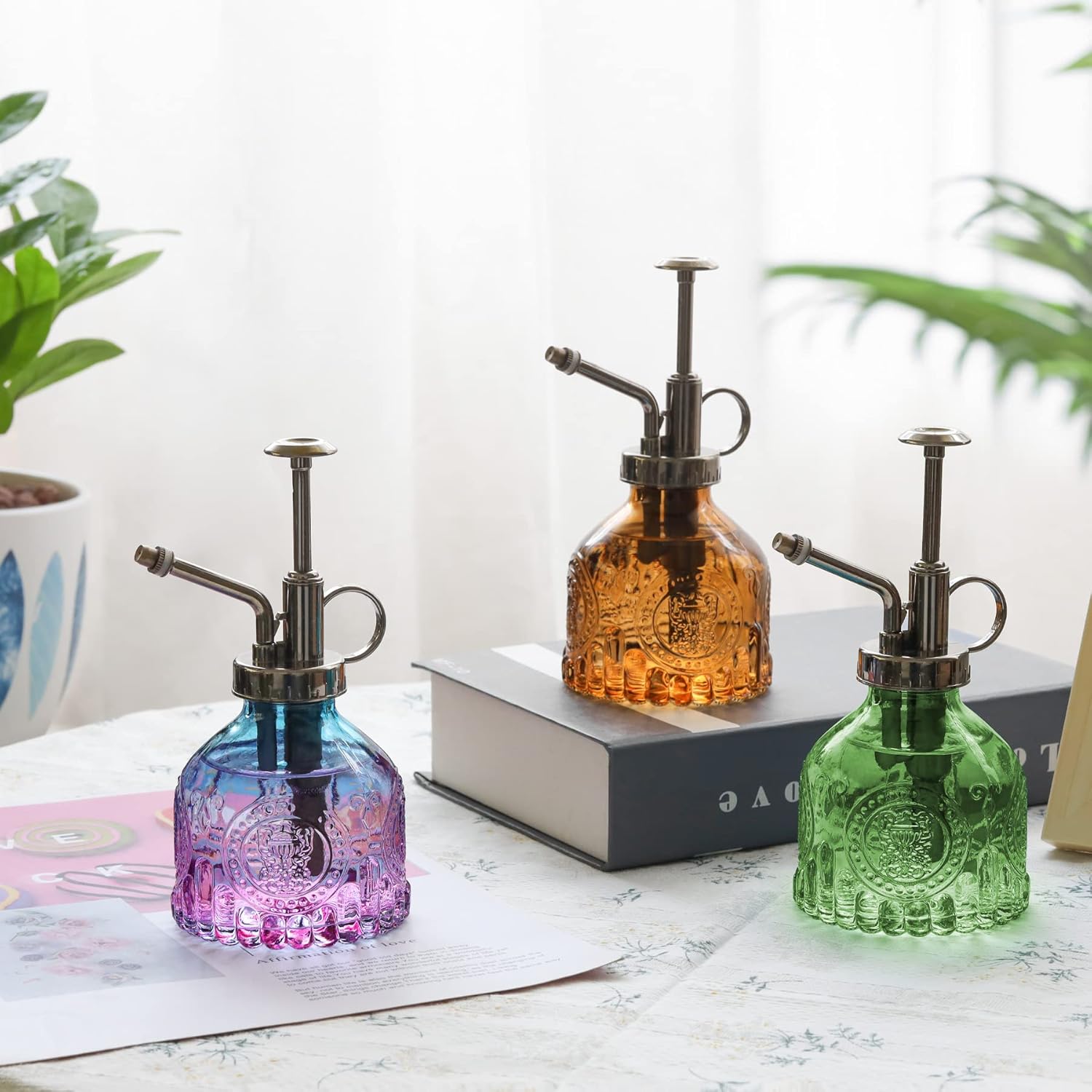 T4U Glass Plant Mister 200ML, Vintage Spray Bottle with Top Pump, Fine Mist Garden Flower Sprayer Small Decorative Spritzer Watering Can Gift for Indoor Outdoor Succulent House Plant (Green)-VerdiqueGarden