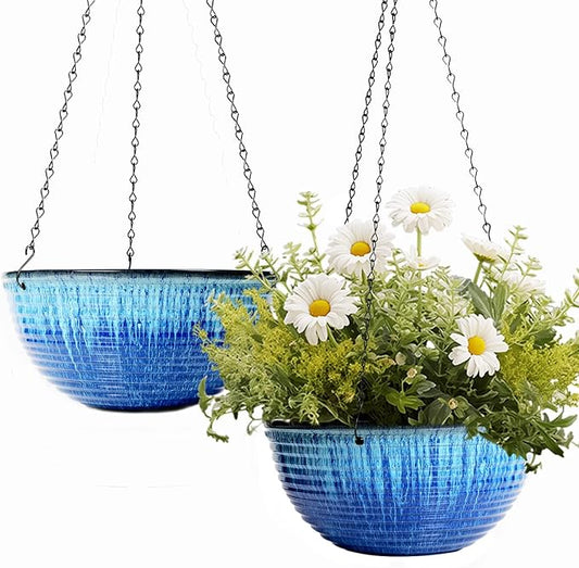 10in Hanging Planters for Indoor and Outdoor Plants, 2 Pack Hanging Planter with Drainage Hole, Round Hanging Flower Pots for Garden Home Decor (Blue Glaze)-VerdiqueGarden