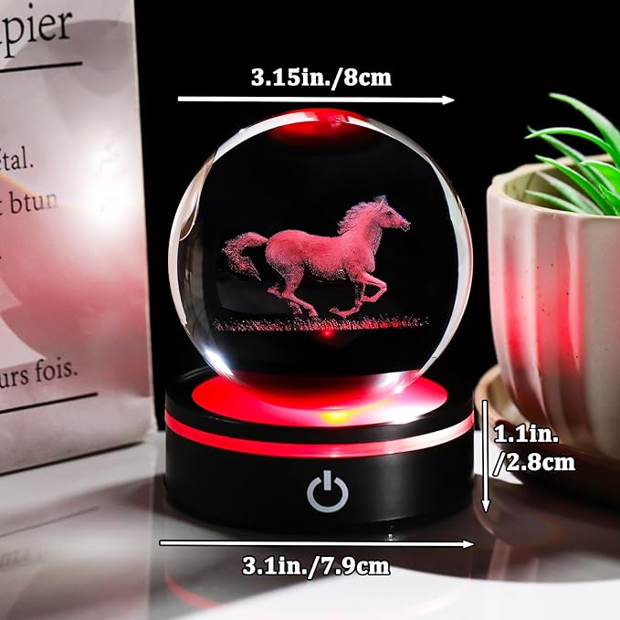 YWHL 3D Crystal Ball Horse Figurine with LED Base, Horse Gifts for Men Women Horse Lovers on Christmas Birthday, Horse Statue Glass Sphere Animal Decorative Ball for Home Decor (80mm)-VerdiqueGarden