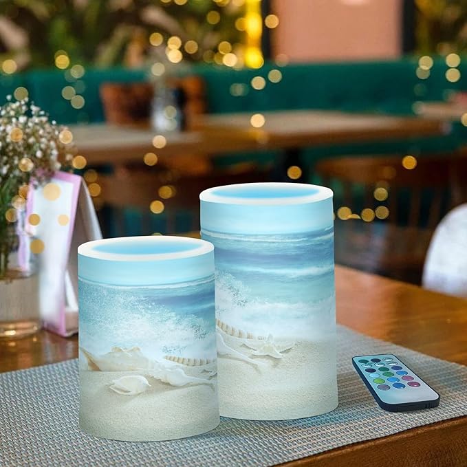 Flickering Flameless Candles, Shells Summer Sandy Beach LED Candles with Remote Timer, Set of 2 Battery Operated Candle for Valentine Wedding Birthday-VerdiqueGarden