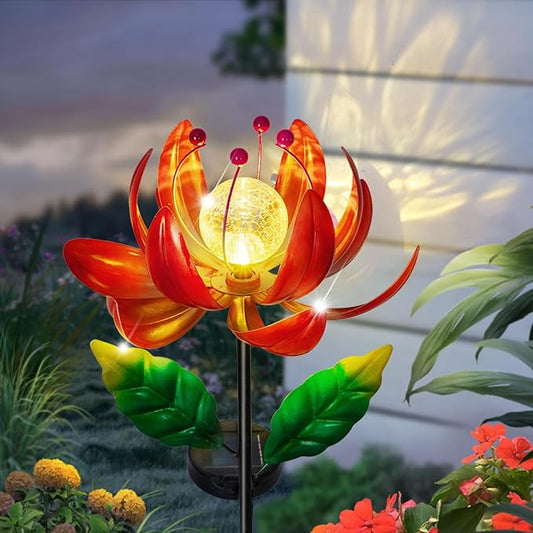 Solar Lights Outdoor Wind Spinners, Metal Lotus Flower Garden Decor with Waterproof LED Crackle Glass Globe for Patio Lawn Yard Outdoor Decor-VerdiqueGarden