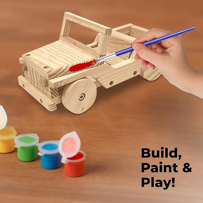 Kraftic Woodworking Building Kit for Kids and Adults, Set of 3 Educational DIY Carpentry Construction Wood Model Kit Toy Projects for Boys and Girls - Off-Road Vehicle, Flatbed Truck, Barn Birdhouse-VerdiqueGarden