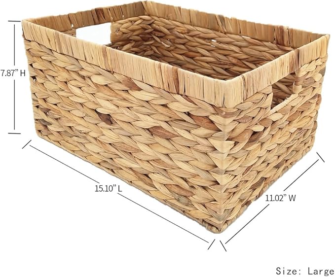 Woven Natural Water hyacinth Rectangular Storage Baskets with inside Handle,Kingwillow(Large)-VerdiqueGarden