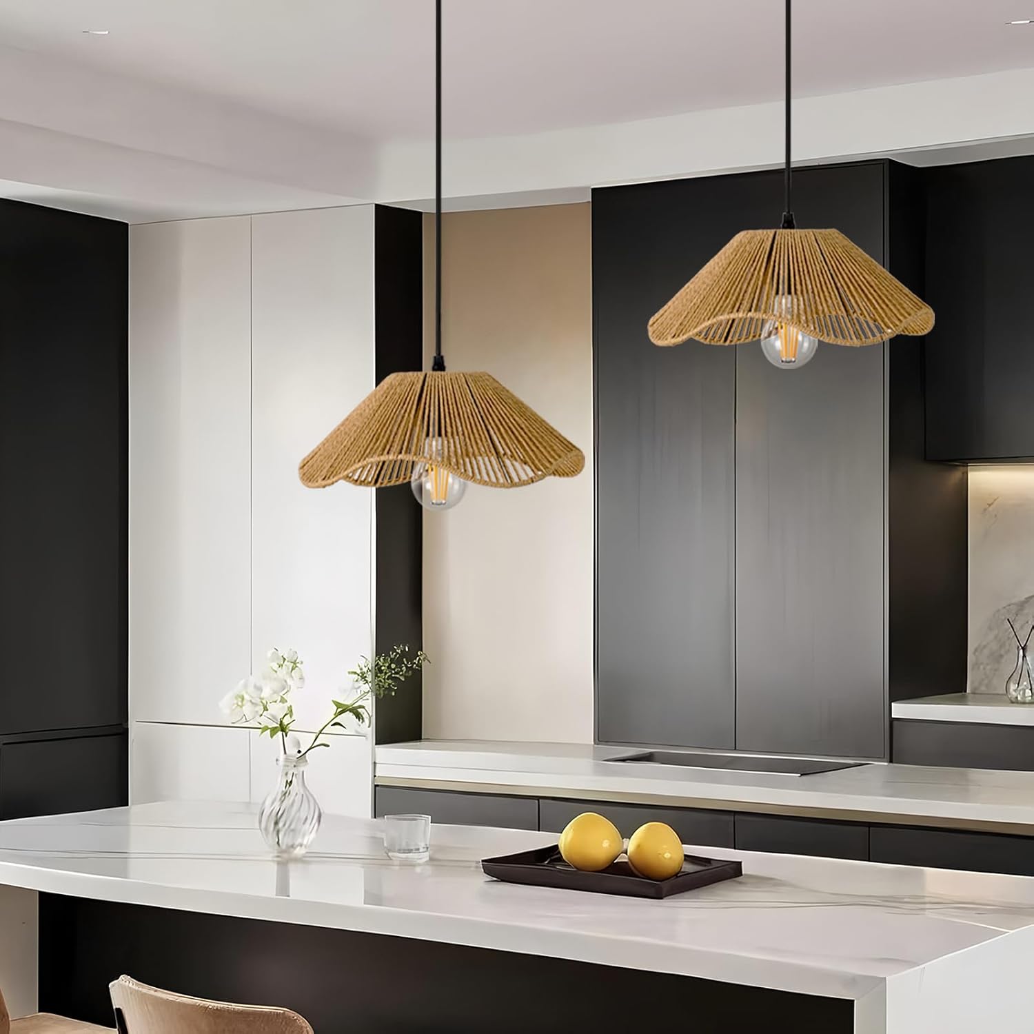 TERLEENART Hard Wired Rattan Pendant Lights Set of 2,Kitchen Island Pendant Lights with 12” Flower Shade,Boho Handwoven Paper Rope Rattan Ceiling Light for Living Room Dining Room Restaurant Foryer-VerdiqueGarden