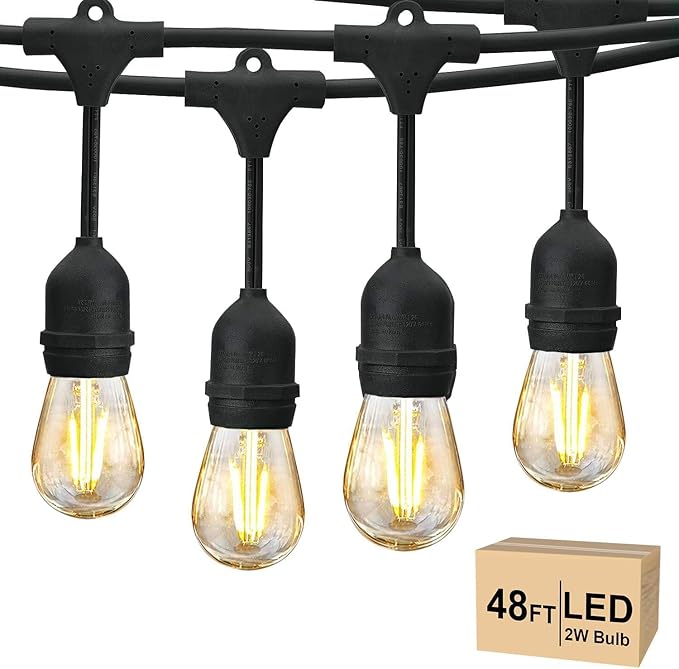 Svater 48 FT Outdoor String Lights 2W, Commercial Grade Patio Light with 15 pc Edison Shatterproof Bulbs, IP65 Waterproof LED Hanging Lighting for Bistro Cafe Market Outside Backyard, Warm White 2700K-VerdiqueGarden