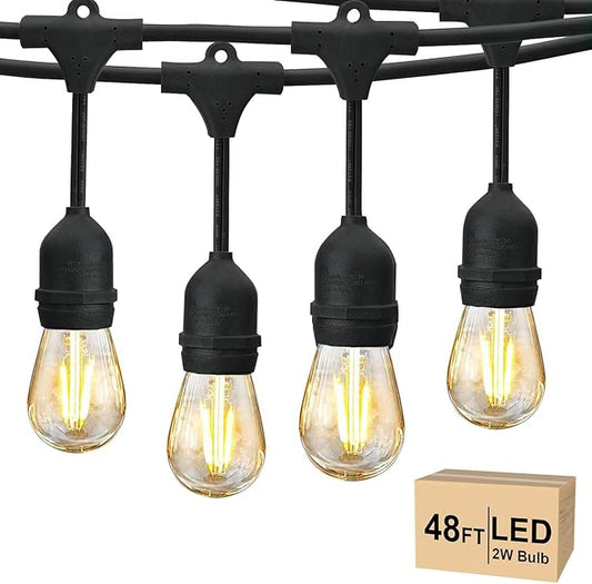 Svater 48 FT Outdoor String Lights 2W, Commercial Grade Patio Light with 15 pc Edison Shatterproof Bulbs, IP65 Waterproof LED Hanging Lighting for Bistro Cafe Market Outside Backyard, Warm White 2700K-VerdiqueGarden