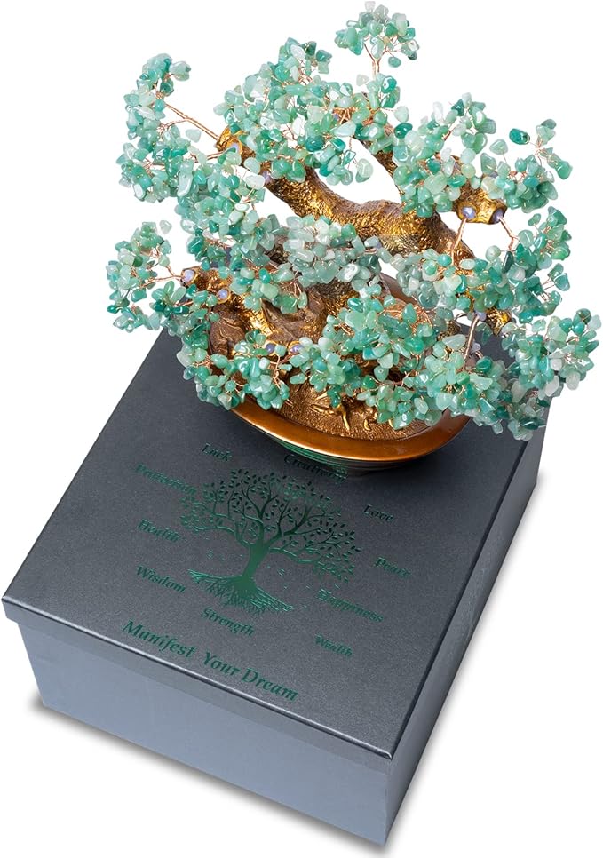 Natural Aventurine (1,251 Gemstone Count) Chakra Crystal Tree with Healing Properties - Home & Office Bonsai Feng Shui Money Tree Decoration for Luck, Success and Intelligence - 14"-VerdiqueGarden