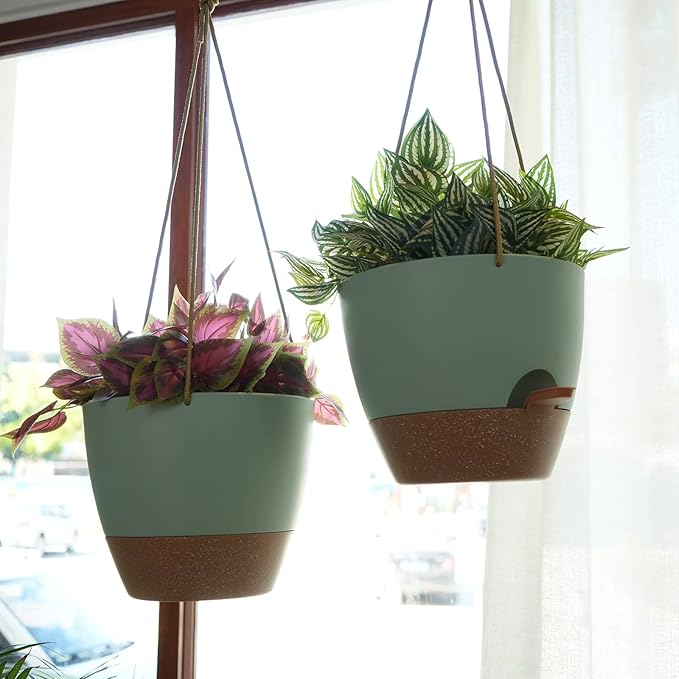 10 Inch Self Watering Hanging Pots, 2 Pack Hanging Planters with 40oZ Deep Reservior for Indoor Outdoor Plants Flowers, Green with Brown-VerdiqueGarden